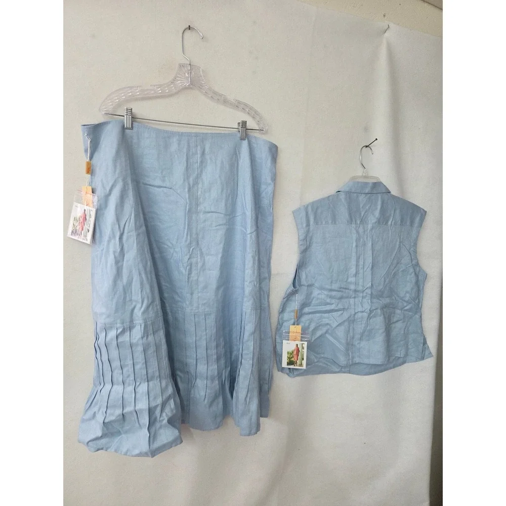 J Song Way Linen Skirt Set Women 18 Light Blue Pleated Sleeveless Button Top Vtg